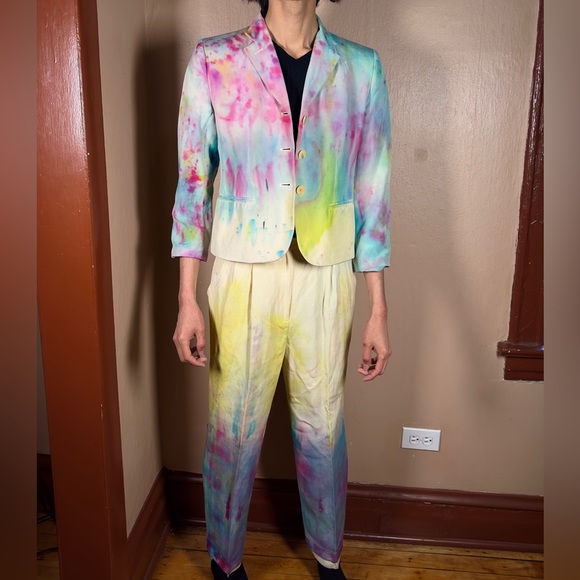 Party Dyed Suit Vintage Painted Blazer Rainbow Boho Jacket Funky Y2K Pants Chic - Picture 5 of 16
